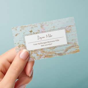 Watercolor Hydrangea Floral White Gold Wood Grain Clear Business Cards