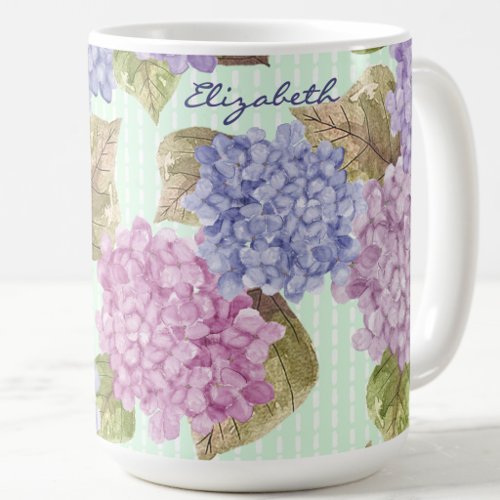 Watercolor Hydrangea Flowers Custom Name Green Mug