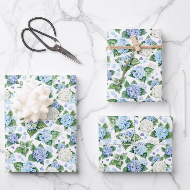 Watercolor Hydrangea Flowers Wrapping Paper Sheets (Front)