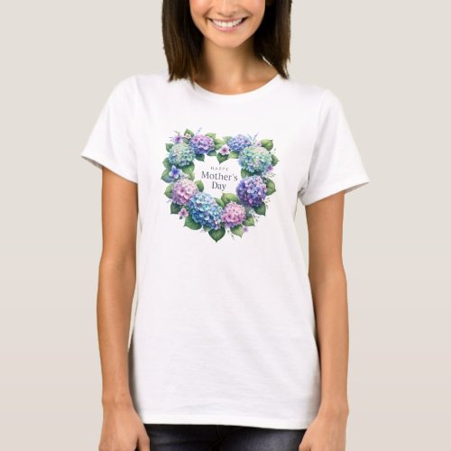 Watercolor hydrangea heart wreath Mothers Day T_Shirt