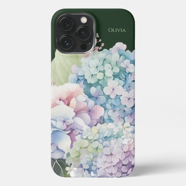 Watercolor Hydrangea Personalized Green iPhone Case (Back)