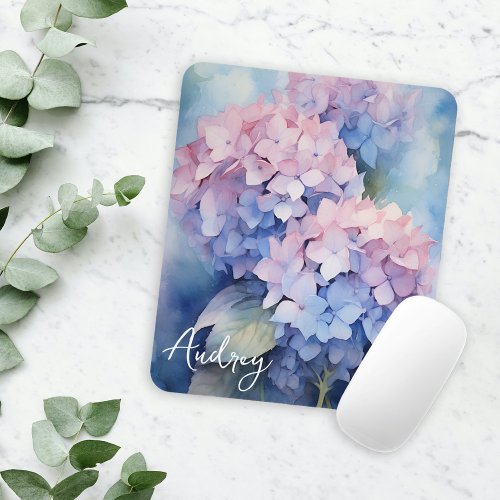 Watercolor Hydrangea Pink Purple Name Template Mouse Pad