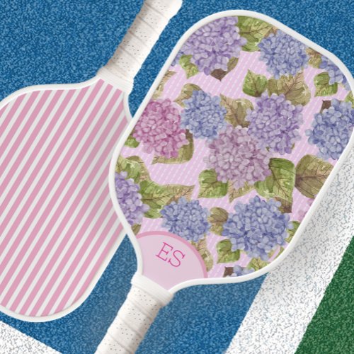 Watercolor hydrangea pink stripe pickleball paddle