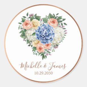watercolor Hydrangea Rose Floral Wedding Gold Classic Round Sticker
