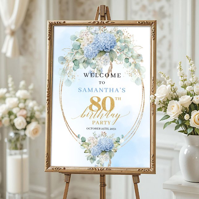 Watercolor Hydrangeas Eucalyptus 80th birthday  Poster (Watercolor Hydrangeas Eucalyptus 80th birthday welcome)