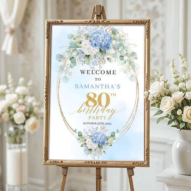 Watercolor Hydrangeas Gold 80th birthday welcome Poster (Watercolor Hydrangeas Gold 80th birthday welcome)