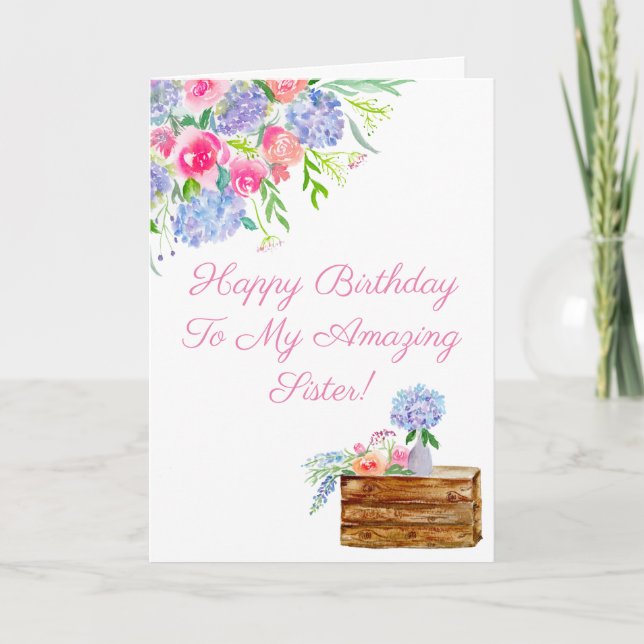 Watercolor Hydrangeas Happy Birthday Sister Card (Front)