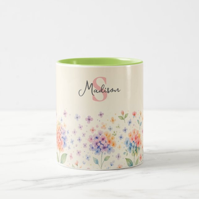 Watercolor Hydrangeas in Pastel Bloom Two-Tone Coffee Mug (Center)