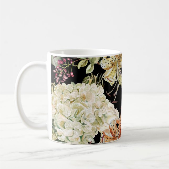 Watercolor Hydrangeas Lilies: Floral Pattern Coffee Mug (Left)
