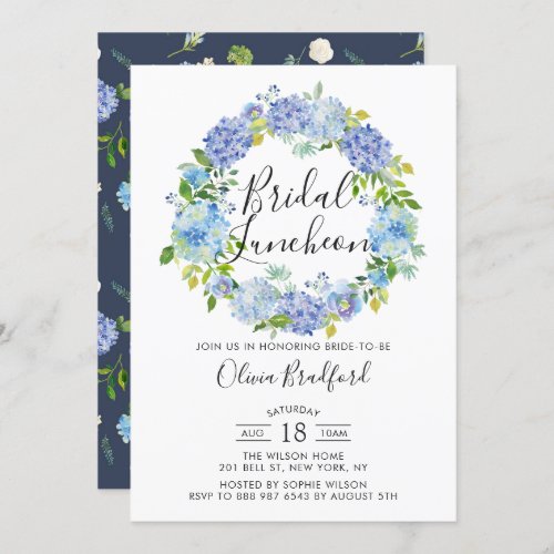 Watercolor Hydrangeas Wreath Bridal Luncheon Invitation