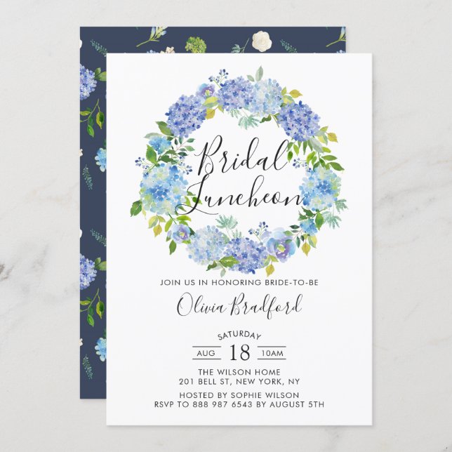 Watercolor Hydrangeas Wreath Bridal Luncheon Invitation (Front/Back)