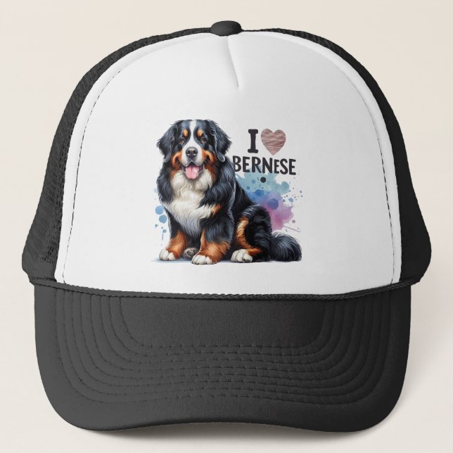 Watercolor I Love My Bernese Mountain Dog Trucker Hat (Front)