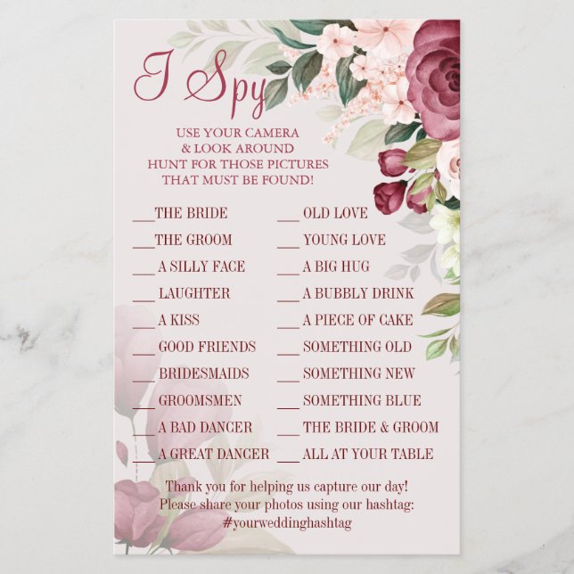 Watercolor I spy wedding reception game card Flyer (Front)