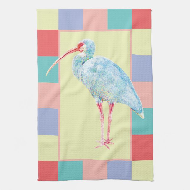 Watercolor Ibis Bird Checkerboard Design Kitchen Towel (Vertical)