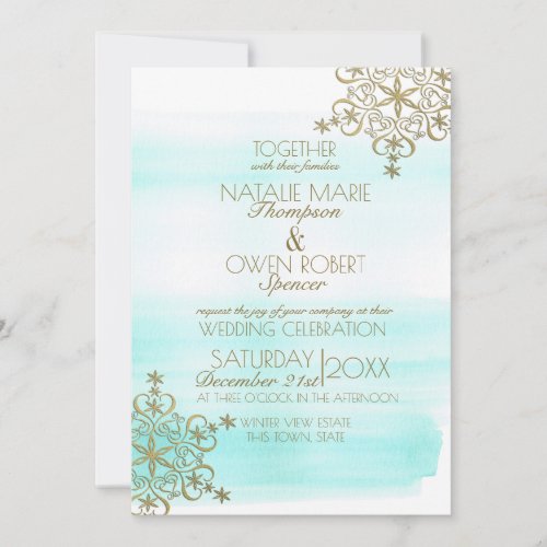 Watercolor Ice and Gold Snowflakes Winter Wedding Invitation