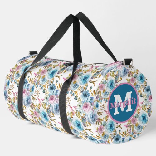 Watercolor Ice Blue Pink Floral Roses Large Duffle Bag