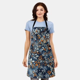 Watercolor Ice Blue Winter Floral Pattern Apron