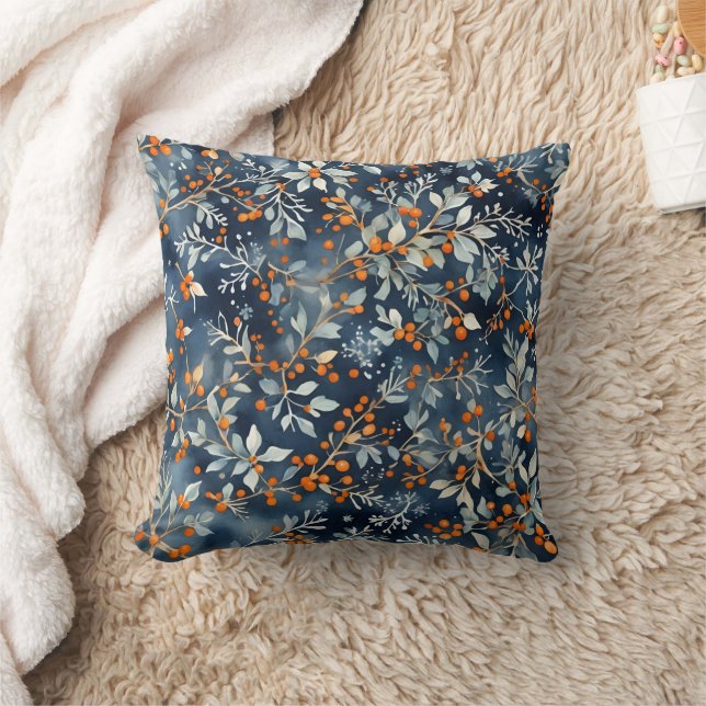 Watercolor Ice Blue Winter Floral Pattern  Throw Pillow (Blanket)
