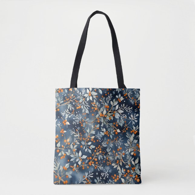 Watercolor Ice Blue Winter Floral Pattern Tote Bag (Front)