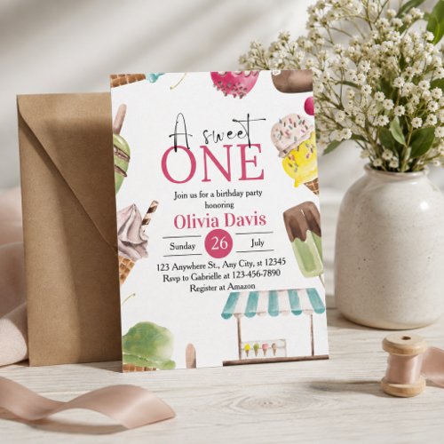 Watercolor Ice Cream "A Sweet One" 1st Birthday Invitation