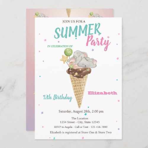 Watercolor Ice cream Baby Elephant Birthday Party Invitation