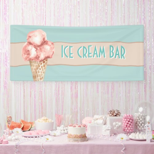 Watercolor ice cream bar Vintage style Blue Pink  Banner