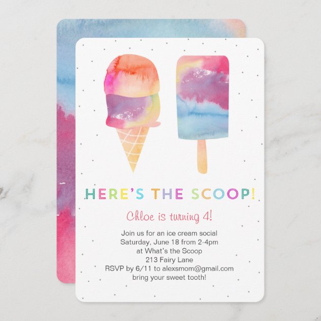 Watercolor Ice Cream Birthday Party Invite | Zazzle