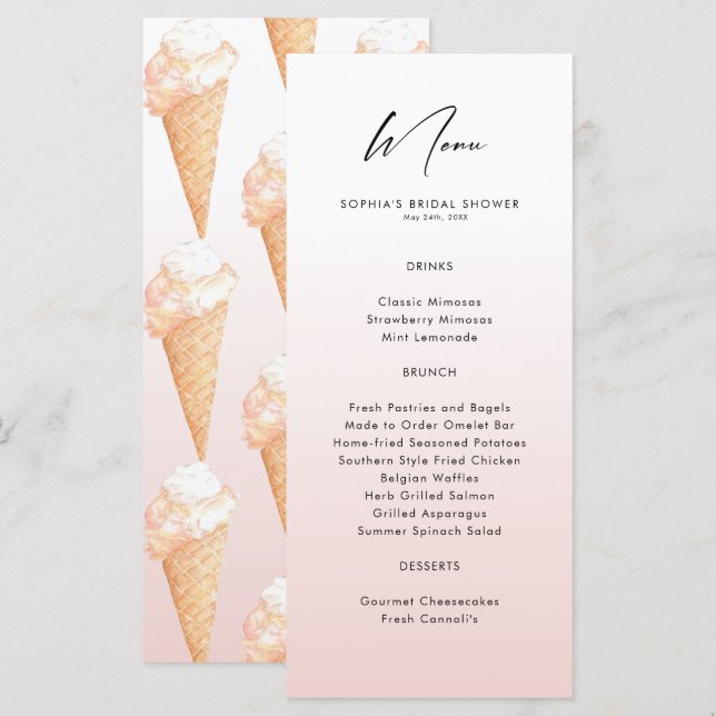 Watercolor Ice Cream Bridal Shower  Menu (Front/Back)