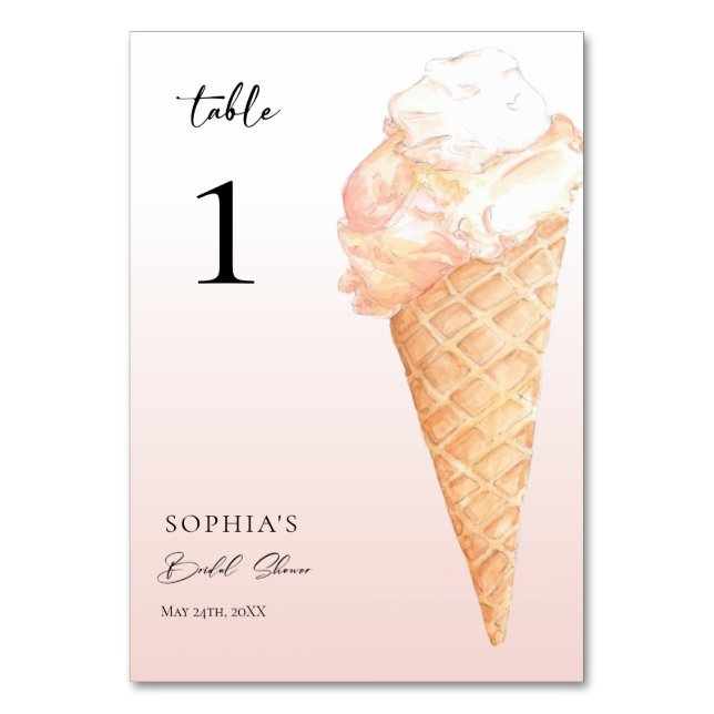 Watercolor Ice Cream Bridal Shower  Table Number (Front)