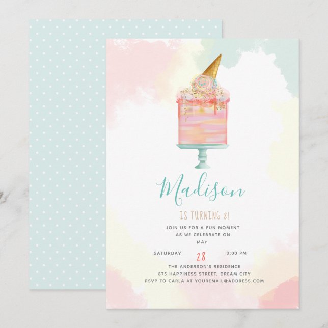 Watercolor Ice Cream Cake Birthday Party Invitation (Front/Back)