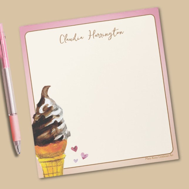 Watercolor Ice Cream Cone Personalized Stationery Notepad (This colorful ice cream notepad features my own vivid watercolor of a chocolate vanilla twist cone.)