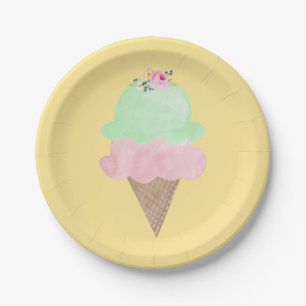 Watercolor Ice Cream Cone Yellow Paper Plates