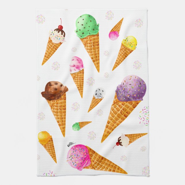 Watercolor Ice Cream Cones Kitchen Towel (Vertical)