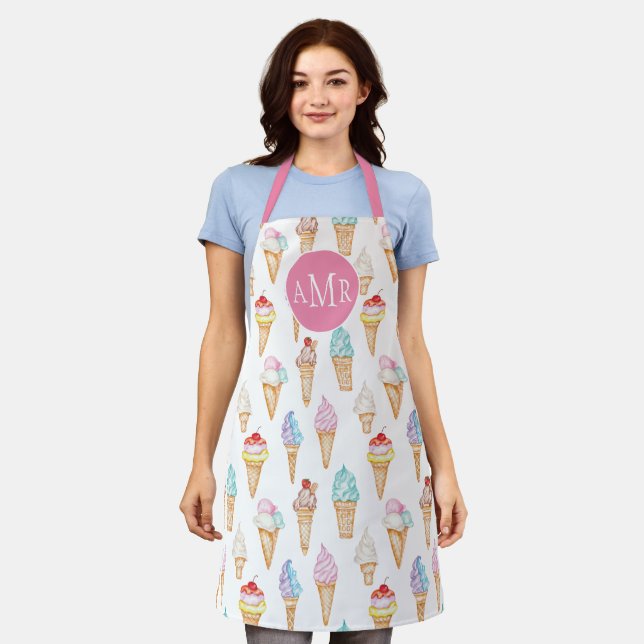 Watercolor Ice Cream Cones Monogram Apron (Worn)