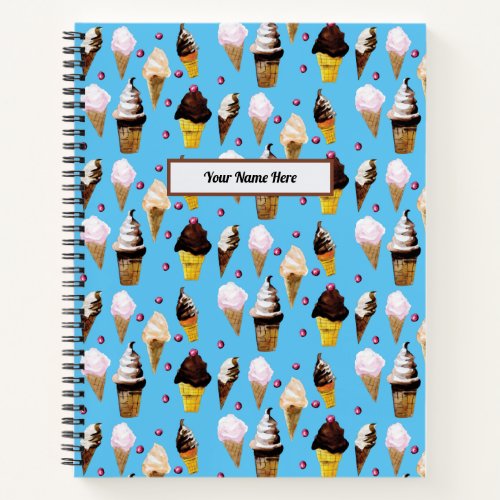 Watercolor Ice Cream Cones Personalized Sky Blue Notebook
