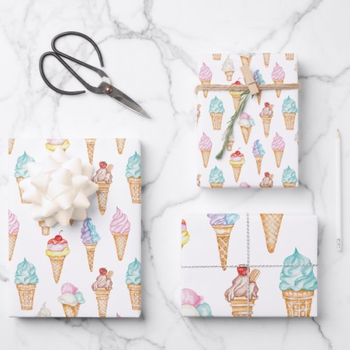 Watercolor Ice Cream Cones Wrapping Paper Sheets