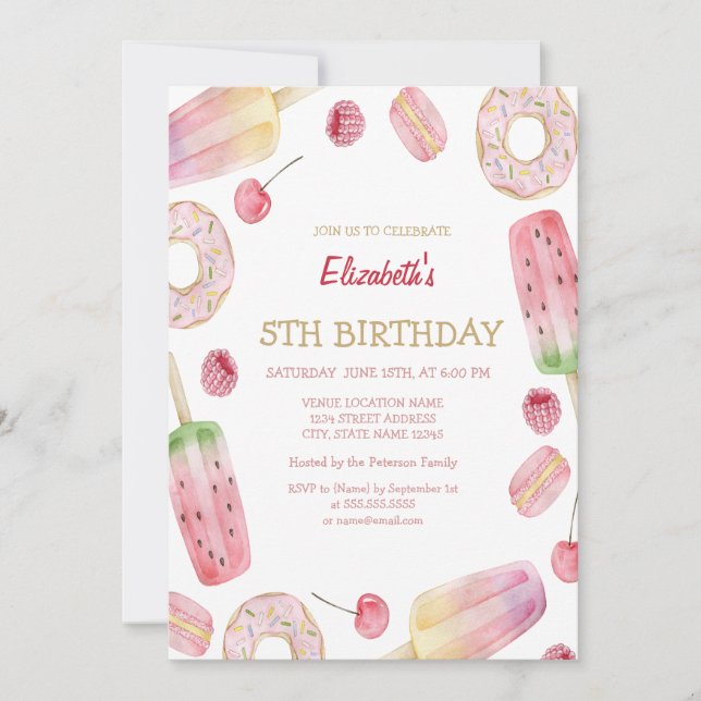 Watercolor Ice cream,Donuts Sweets Birthday  Invitation (Front)