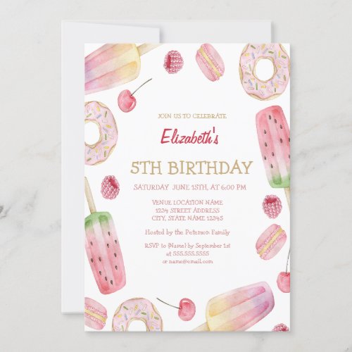 Watercolor Ice creamDonuts Sweets Birthday  Invitation