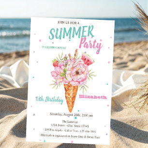 Watercolor Ice cream Floral Summer Birthday Party Invitation