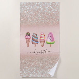 Watercolor Ice cream Glitter Bokeh Beach Towel