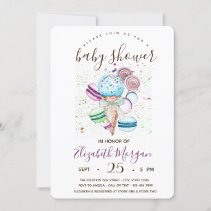 Watercolor Ice cream,Macarons,Stripes Baby Shower Invitation