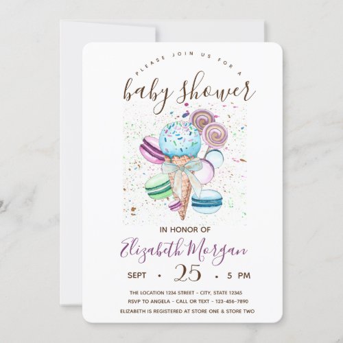 Watercolor Ice creamMacaronsStripes Baby Shower  Invitation