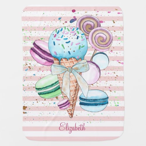 Watercolor Ice creamMacaroonsPink Stripes Baby Blanket