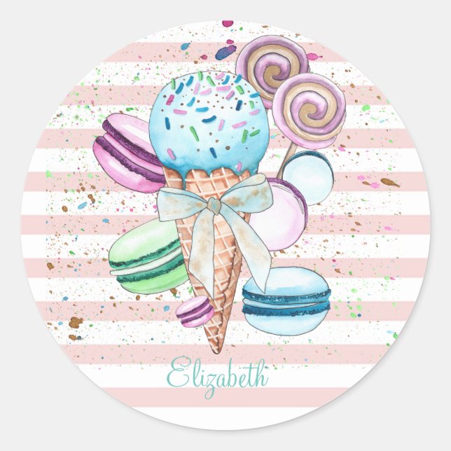 Watercolor Ice cream,Macaroons,Pink Stripes  Classic Round Sticker (Front)