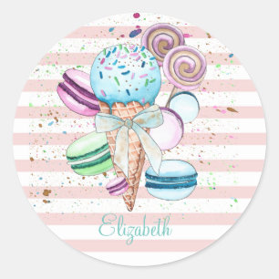 Watercolor Ice cream,Macaroons,Pink Stripes Classic Round Sticker