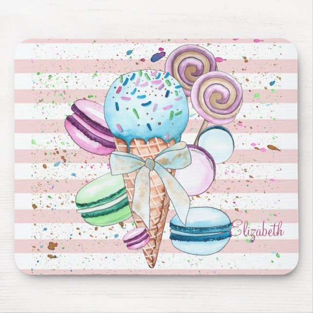 Watercolor Ice cream,Macaroons,Pink Stripes Mouse Pad (Front)