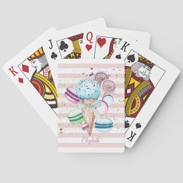 Watercolor Ice cream,Macaroons,Pink Stripes Poker Cards (Back)