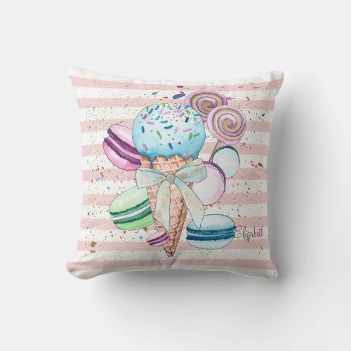Watercolor Ice creamMacaroonsPink Stripes Throw Pillow