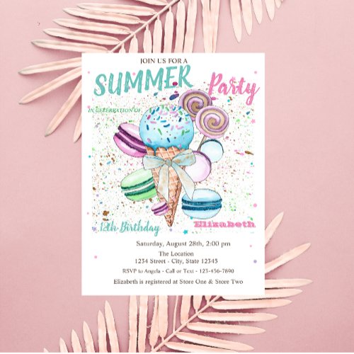 Watercolor Ice cream Macaroons Summer Birthday  Invitation