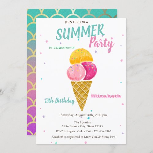 Watercolor Ice cream Mermaid Scales Birthday Party Invitation